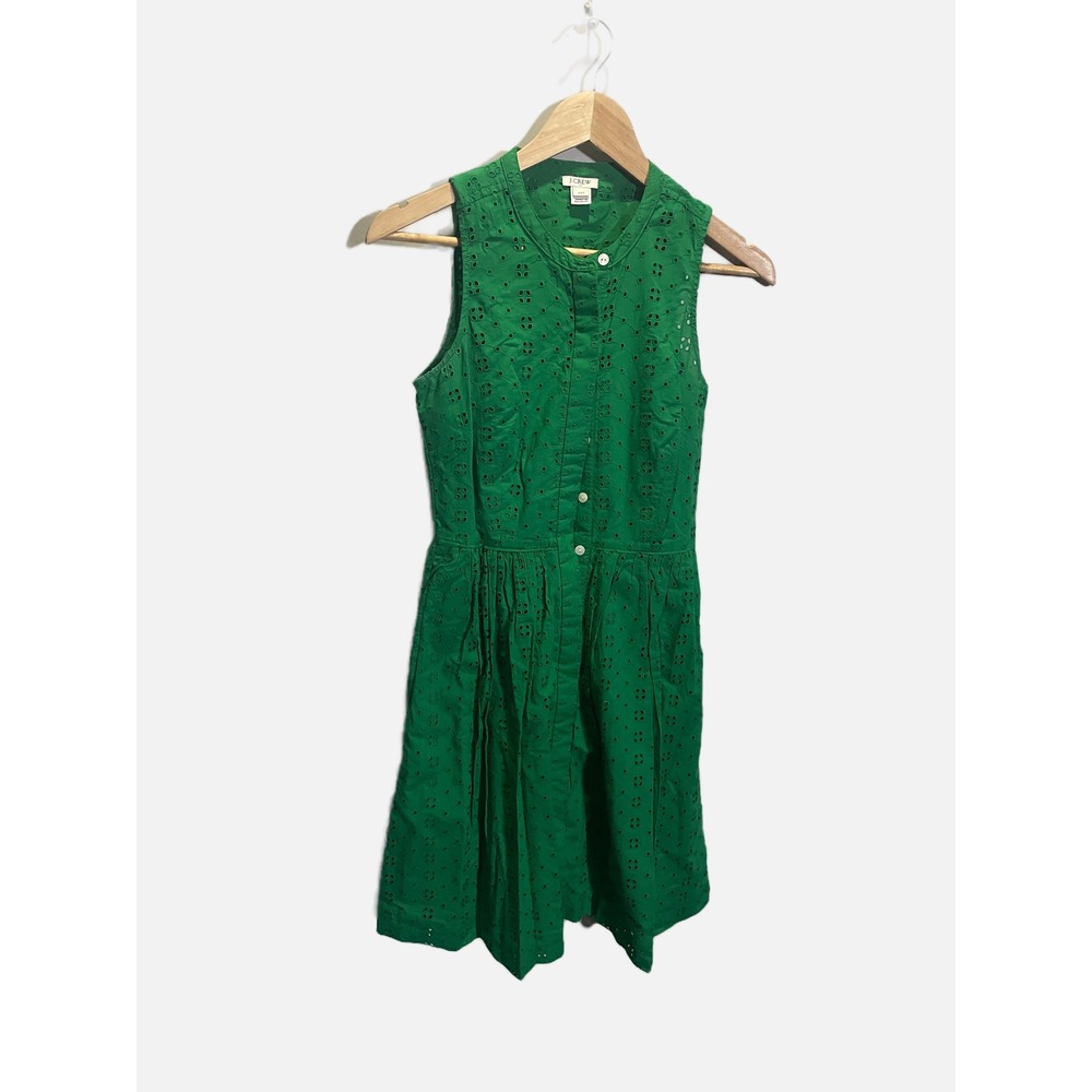 J.Crew Eyelet Lace Dress Womens XXS Green‎ Sleeveless Button Front Preppy Summer